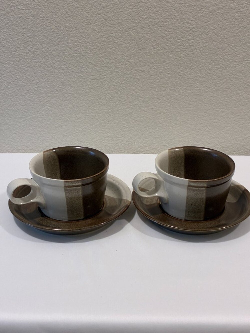 Vintage Mikasa Stoneware Cup and Saucer Lot of 2 Sets Tri-Color Earth Tone EUC